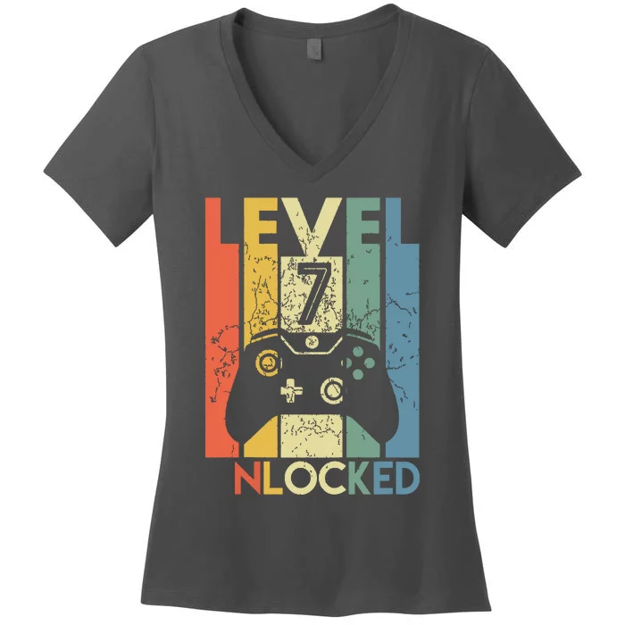 Level 7 Unlocked Funny Video Gamer 7th Birthday Gift Women's V-Neck T-Shirt