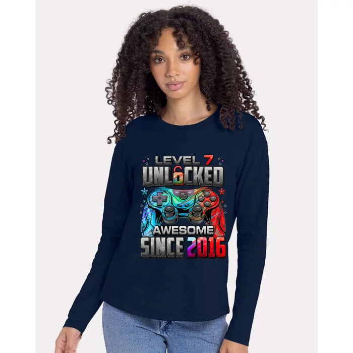 Level 7 Unlocked Awesome Since 2016 7th Birthday Gaming Womens Cotton Relaxed Long Sleeve T-Shirt