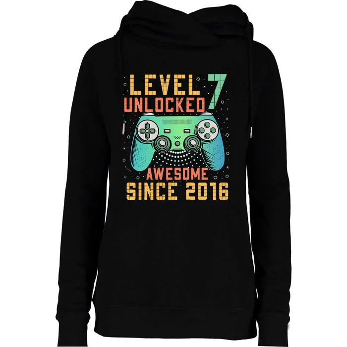 Level 7 Unlocked 7th Birthday 7 Year Old Boy Gifts Gamer Womens Funnel Neck Pullover Hood