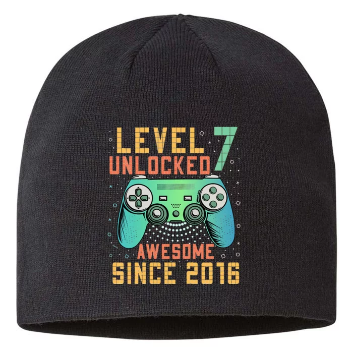 Level 7 Unlocked 7th Birthday 7 Year Old Boy Gifts Gamer 8 1/2in Sustainable Knit Beanie