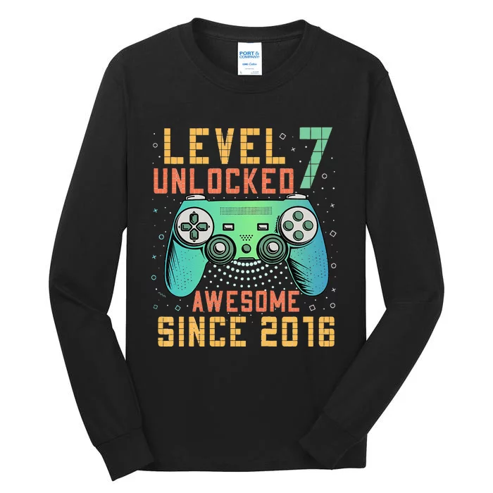 Level 7 Unlocked 7th Birthday 7 Year Old Boy Gifts Gamer Tall Long Sleeve T-Shirt