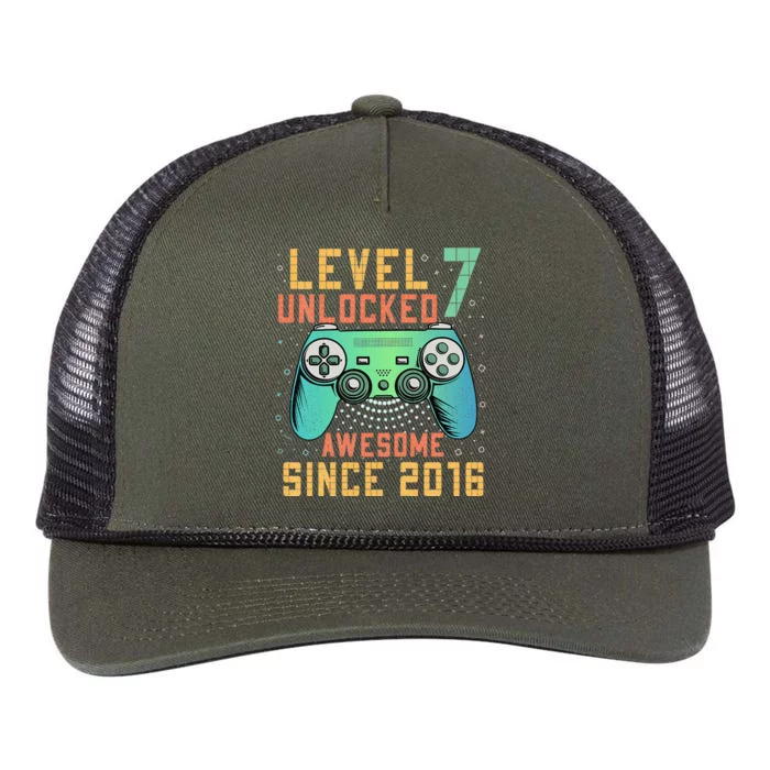 Level 7 Unlocked 7th Birthday 7 Year Old Boy Gifts Gamer Retro Rope Trucker Hat Cap