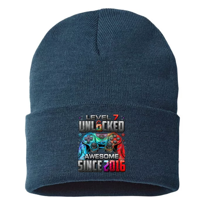 Level 7 Unlocked Awesome Since 2016 7th Birthday Gaming Sustainable Knit Beanie