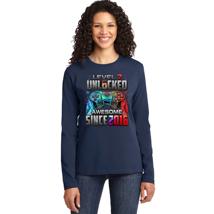 Level 7 Unlocked Awesome Since 2016 7th Birthday Gaming Ladies Long Sleeve Shirt