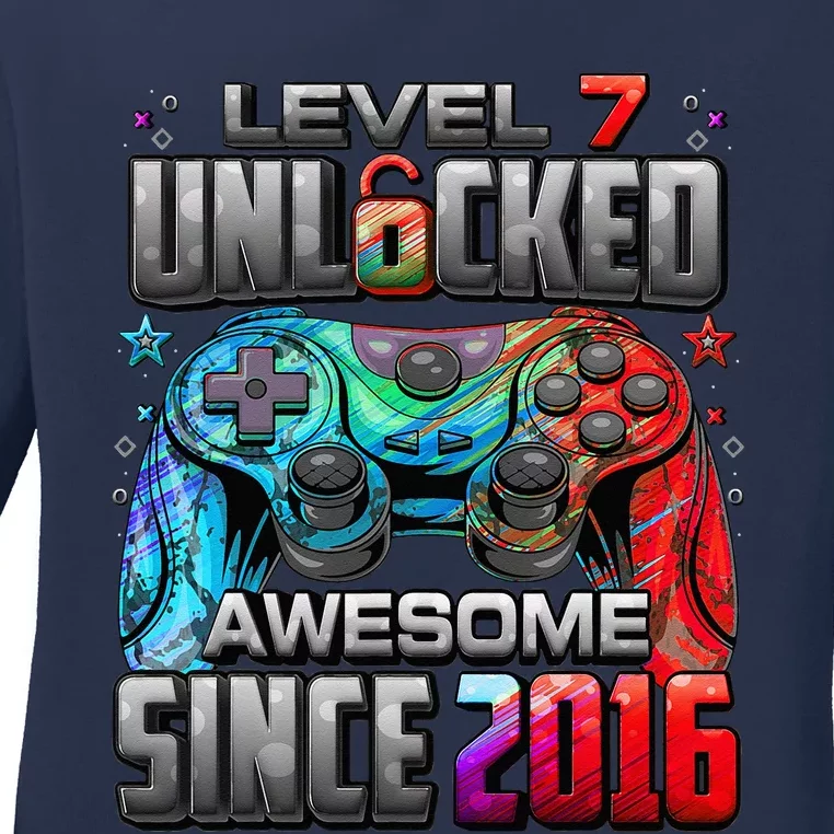 Level 7 Unlocked Awesome Since 2016 7th Birthday Gaming Ladies Long Sleeve Shirt