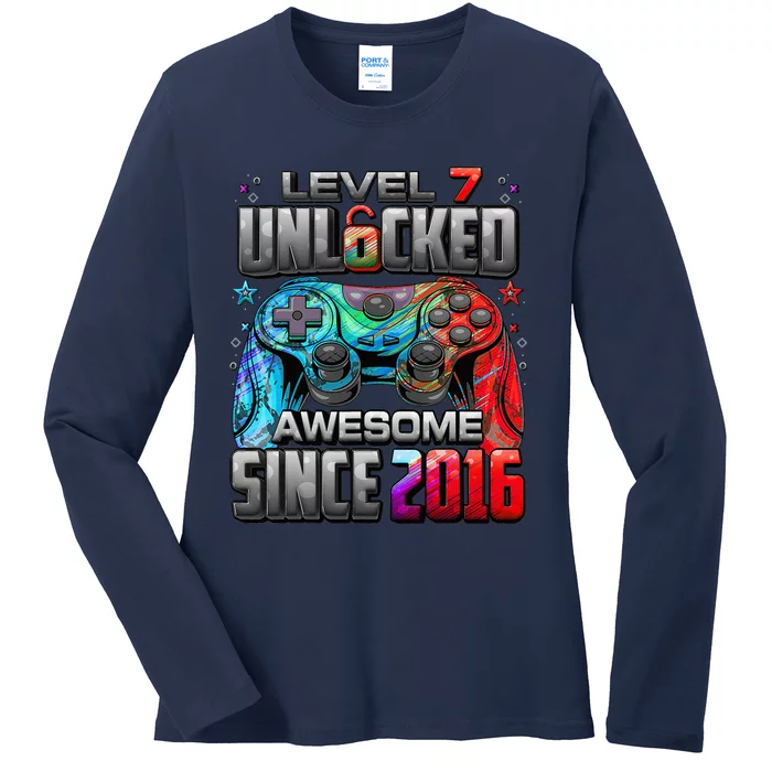 Level 7 Unlocked Awesome Since 2016 7th Birthday Gaming Ladies Long Sleeve Shirt