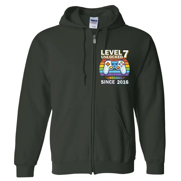 Level 7 Unlocked Awesome Since 2016 Video Gamer 7th Birthday Full Zip Hoodie