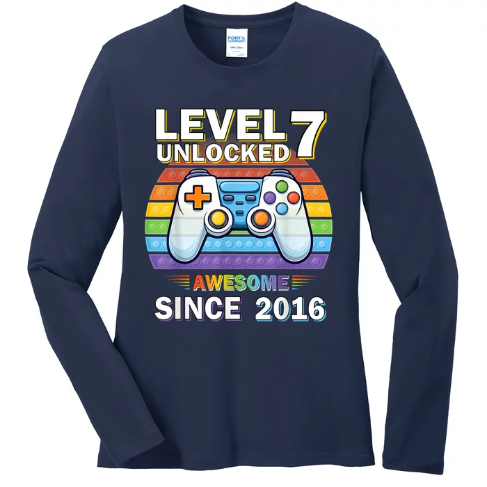 Level 7 Unlocked Awesome Since 2016 Video Gamer 7th Birthday Ladies Long Sleeve Shirt