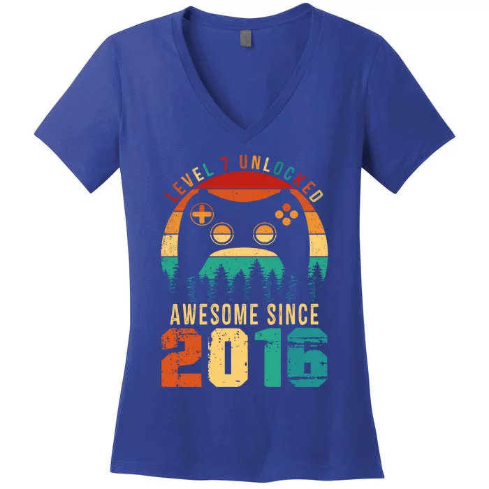 Level 7 Unlocked Awesome Since 2016 7th Birthday Gamer Gift Women's V-Neck T-Shirt