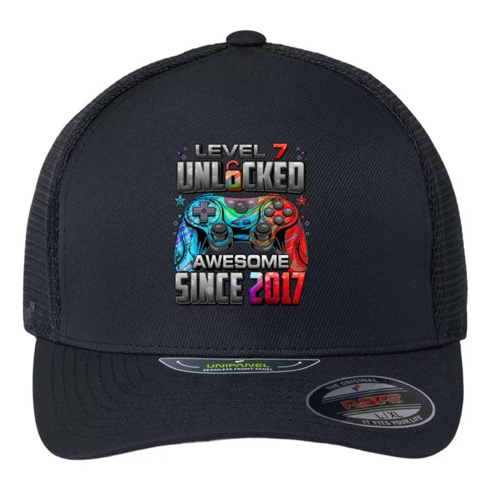 Level 7 Unlocked Awesome Since 2017 Gaming Flexfit Unipanel Trucker Cap