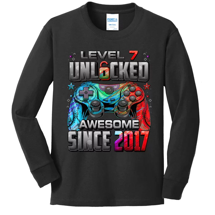 Level 7 Unlocked Awesome Since 2017 Gaming Kids Long Sleeve Shirt