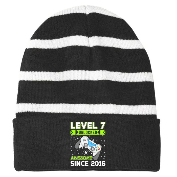 Level 7 Unlocked Awesome 2016 Video Game 7th Birthday Funny Striped Beanie with Solid Band