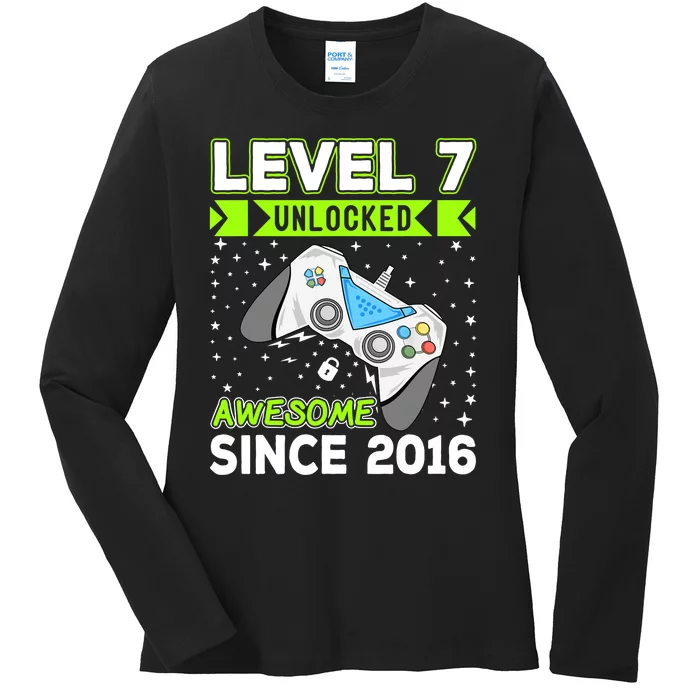 Level 7 Unlocked Awesome 2016 Video Game 7th Birthday Funny Ladies Long Sleeve Shirt