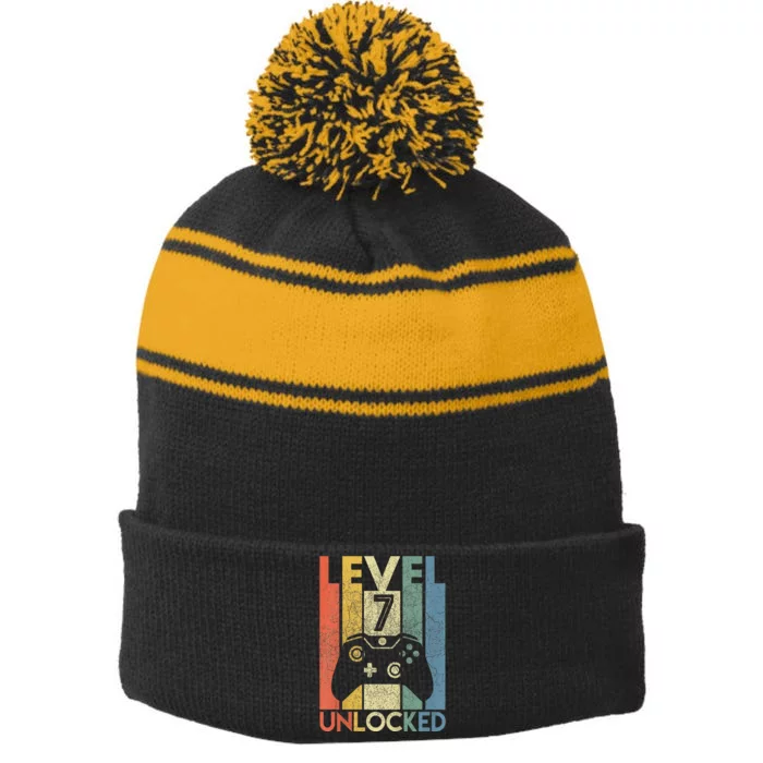 Level 7 Unlocked Video Gamer 7th Birthday Stripe Pom Pom Beanie