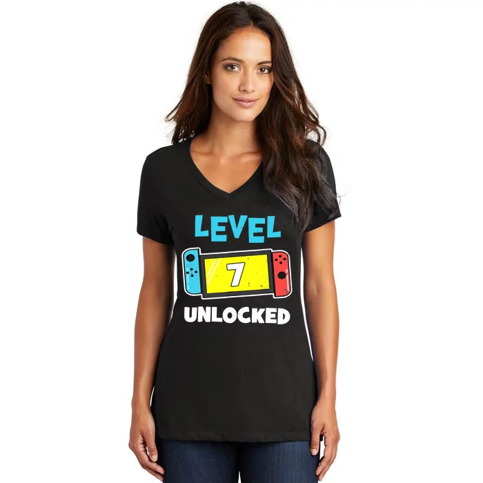 Level 7 unlocked Gamer 7th Birthday Gift Video Game lovers Women's V-Neck T-Shirt