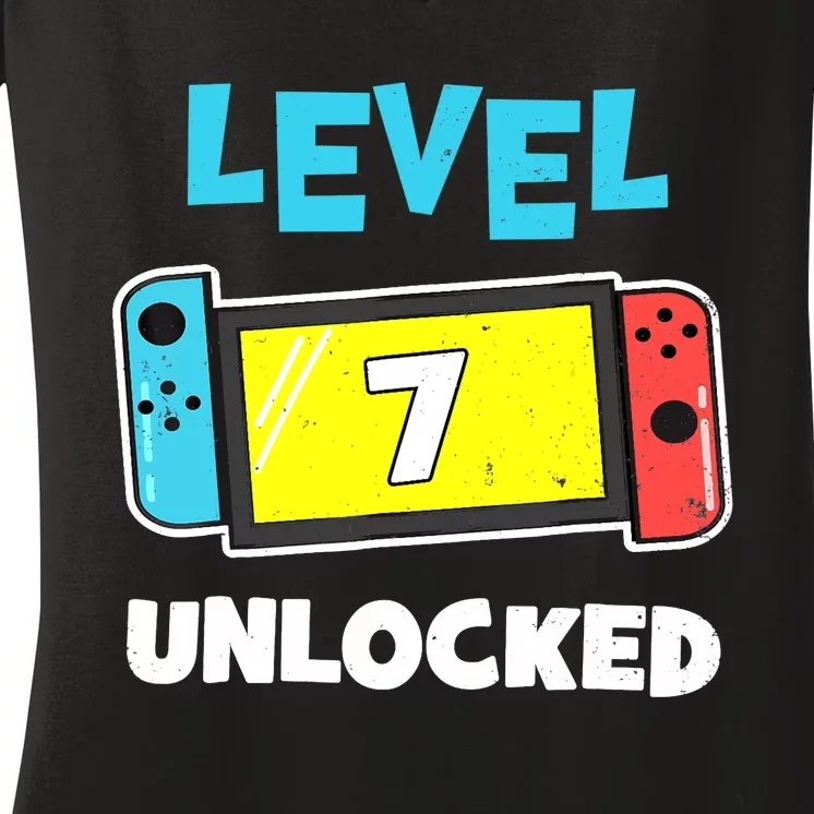 Level 7 unlocked Gamer 7th Birthday Gift Video Game lovers Women's V-Neck T-Shirt