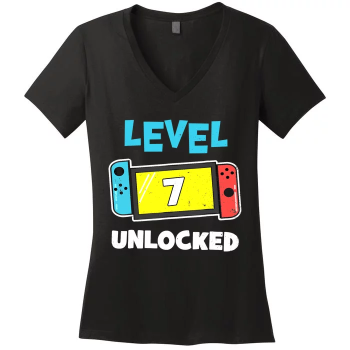 Level 7 unlocked Gamer 7th Birthday Gift Video Game lovers Women's V-Neck T-Shirt