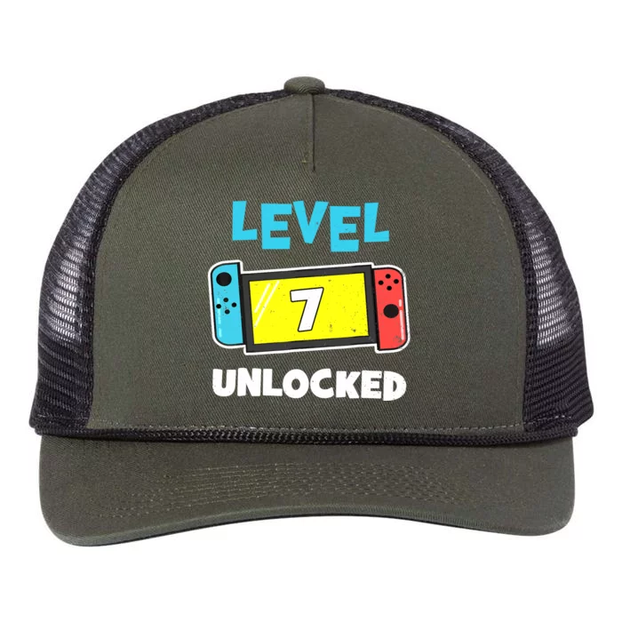 Level 7 unlocked Gamer 7th Birthday Gift Video Game lovers Retro Rope Trucker Hat Cap