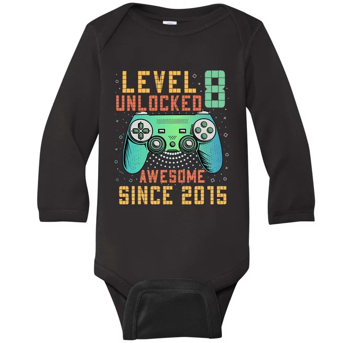 Level 8 Unlocked 8th Birthday 8 Year Old Boy Gifts Gamer Baby Long Sleeve Bodysuit