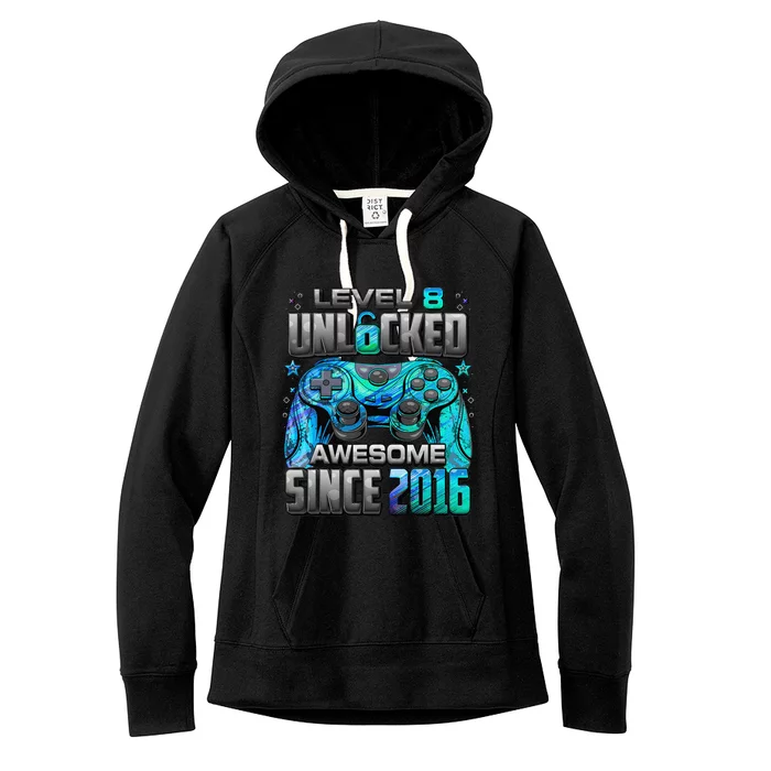 Level 8 Unlocked Awesome Since 2016 8th Birthday Gaming Women's Fleece Hoodie