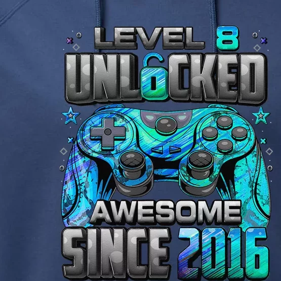 Level 8 Unlocked Awesome Since 2016 8th Birthday Gaming Performance Fleece Hoodie