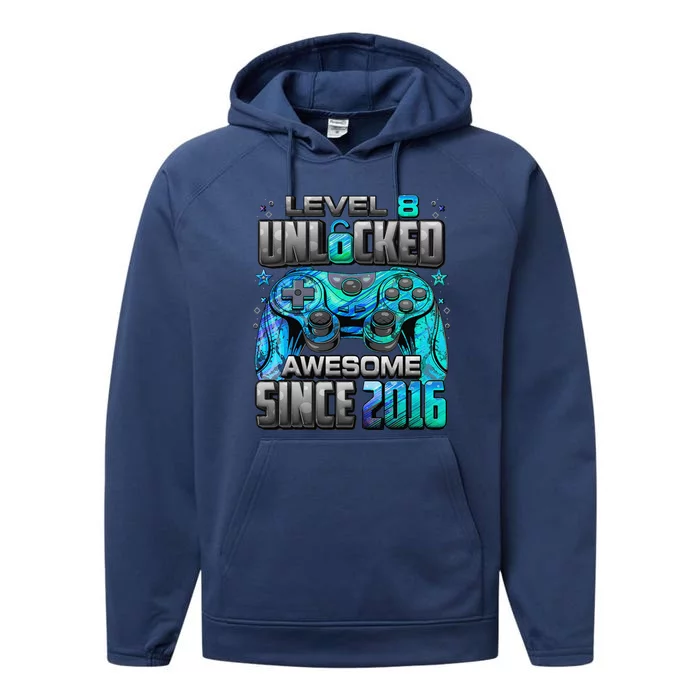 Level 8 Unlocked Awesome Since 2016 8th Birthday Gaming Performance Fleece Hoodie