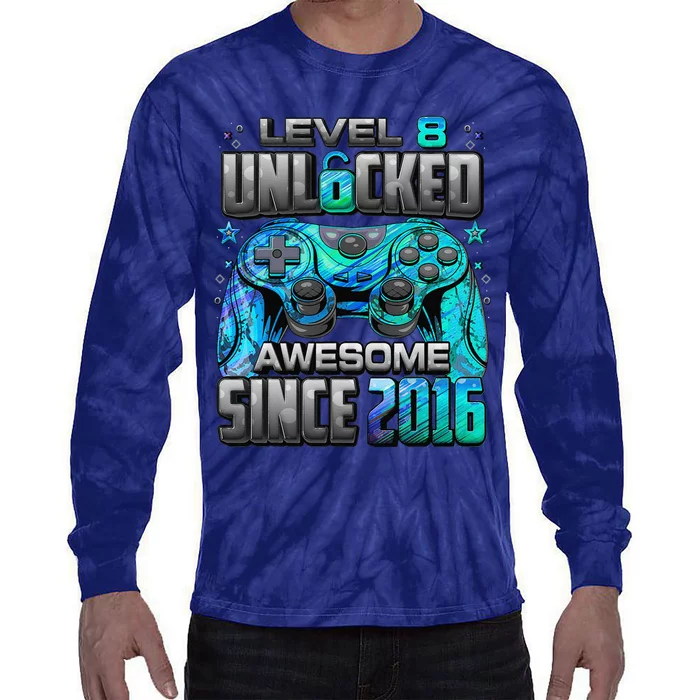 Level 8 Unlocked Awesome Since 2016 8th Birthday Gaming Tie-Dye Long Sleeve Shirt