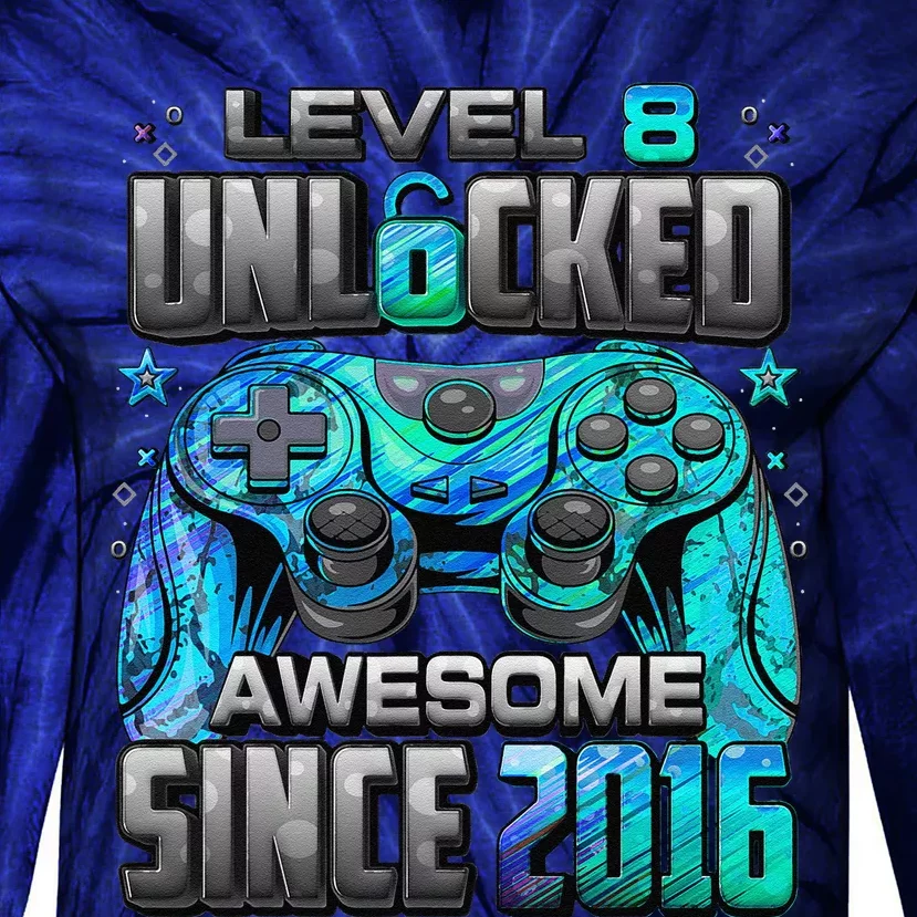 Level 8 Unlocked Awesome Since 2016 8th Birthday Gaming Tie-Dye Long Sleeve Shirt