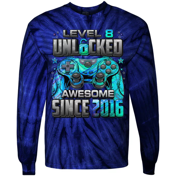 Level 8 Unlocked Awesome Since 2016 8th Birthday Gaming Tie-Dye Long Sleeve Shirt