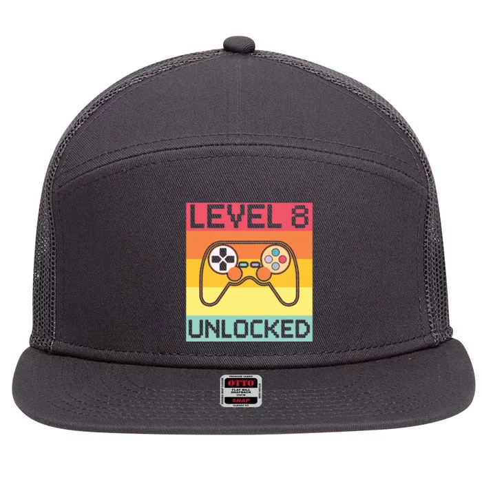 Level 8 Unlocked Video Gamer 8th Birthday Gaming Gift 7 Panel Mesh Trucker Snapback Hat