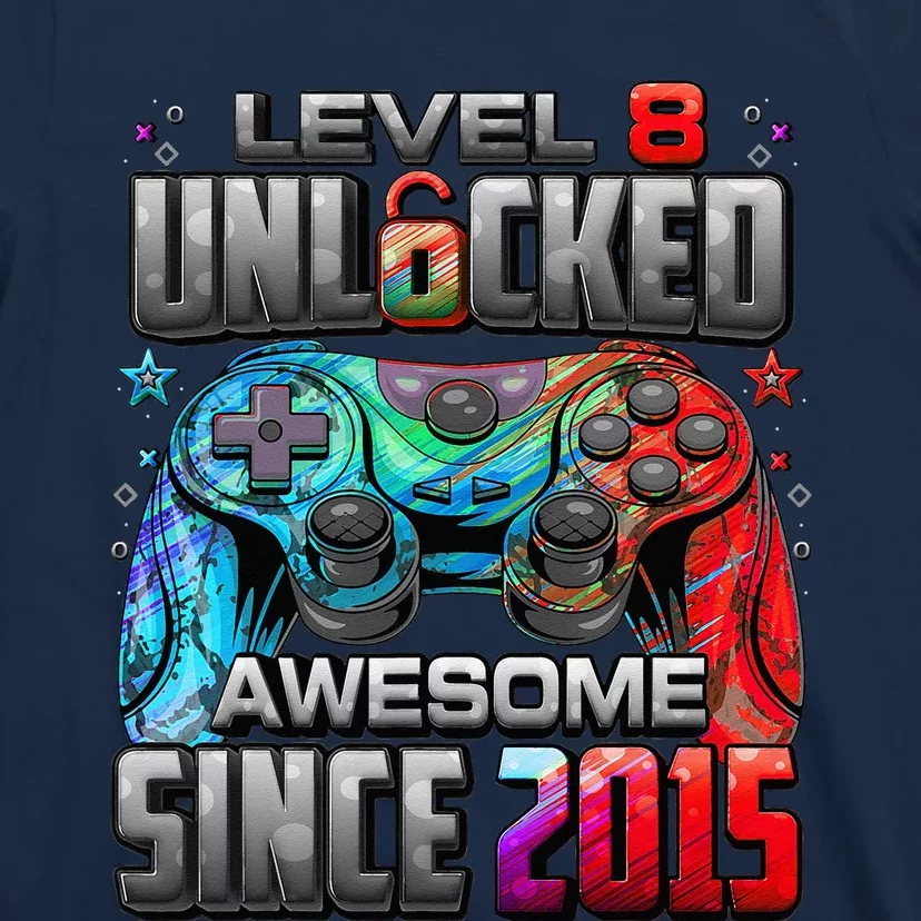 Level 8 Unlocked Awesome Since 2015 8th Birthday Gaming T-Shirt