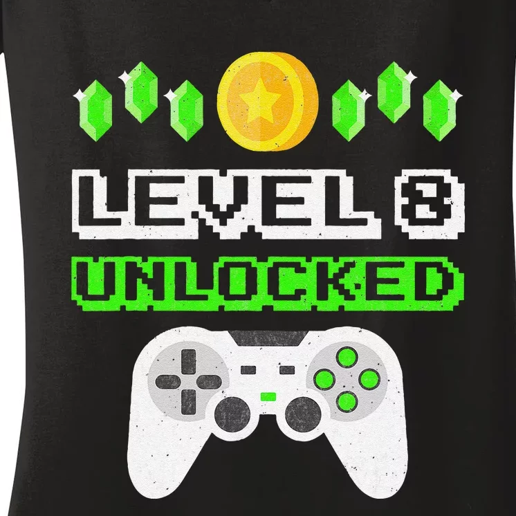 Level 8 Unlocked Funny 8 Year Old Gamer Birthday Women's V-Neck T-Shirt