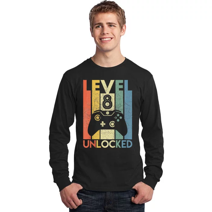 Level 8 Unlocked Funny Video Gamer 8th Birthday Gift Tall Long Sleeve T-Shirt