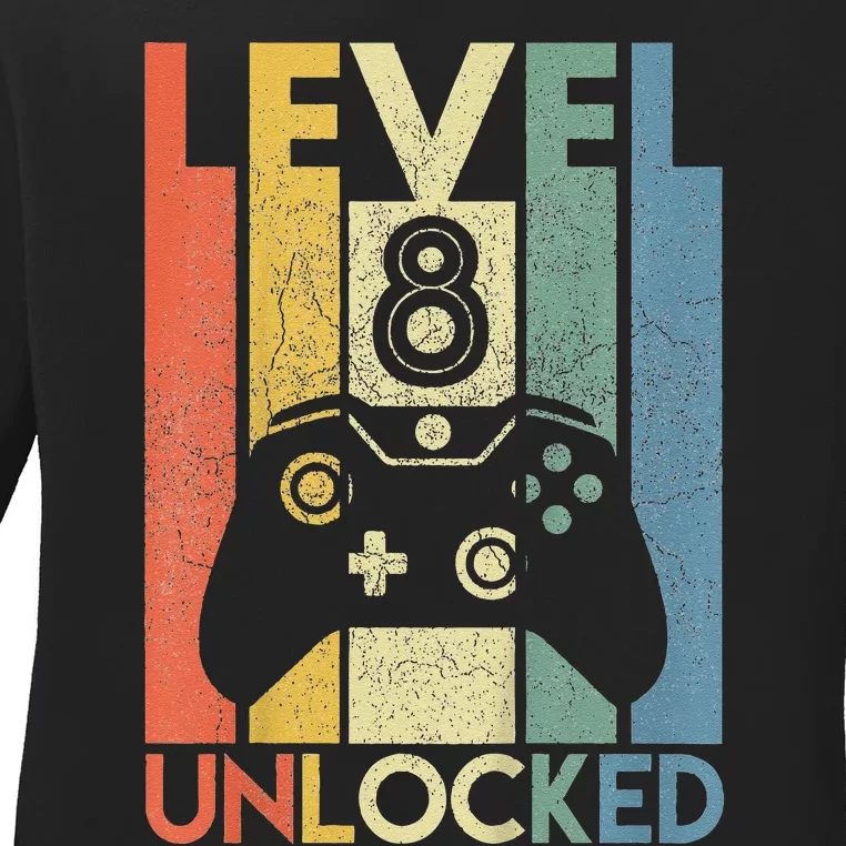 Level 8 Unlocked Funny Video Gamer 8th Birthday Gift Ladies Long Sleeve Shirt