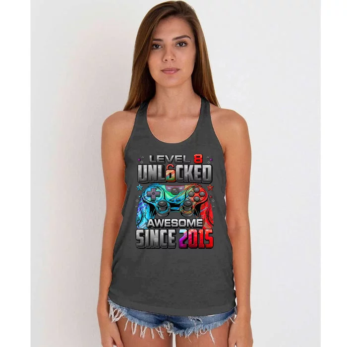 Level 8 Unlocked Awesome Since 2015 8th Birthday Gaming Women's Knotted Racerback Tank