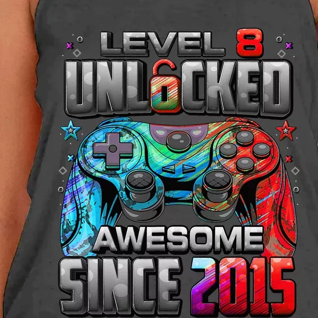 Level 8 Unlocked Awesome Since 2015 8th Birthday Gaming Women's Knotted Racerback Tank