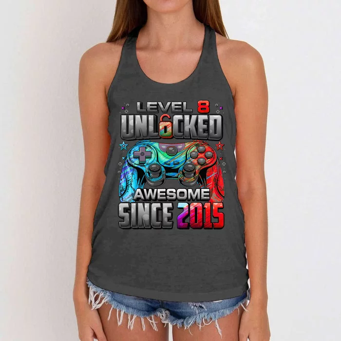 Level 8 Unlocked Awesome Since 2015 8th Birthday Gaming Women's Knotted Racerback Tank