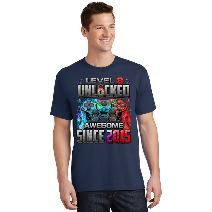 Level 8 Unlocked Awesome Since 2015 8th Birthday Gaming T-Shirt