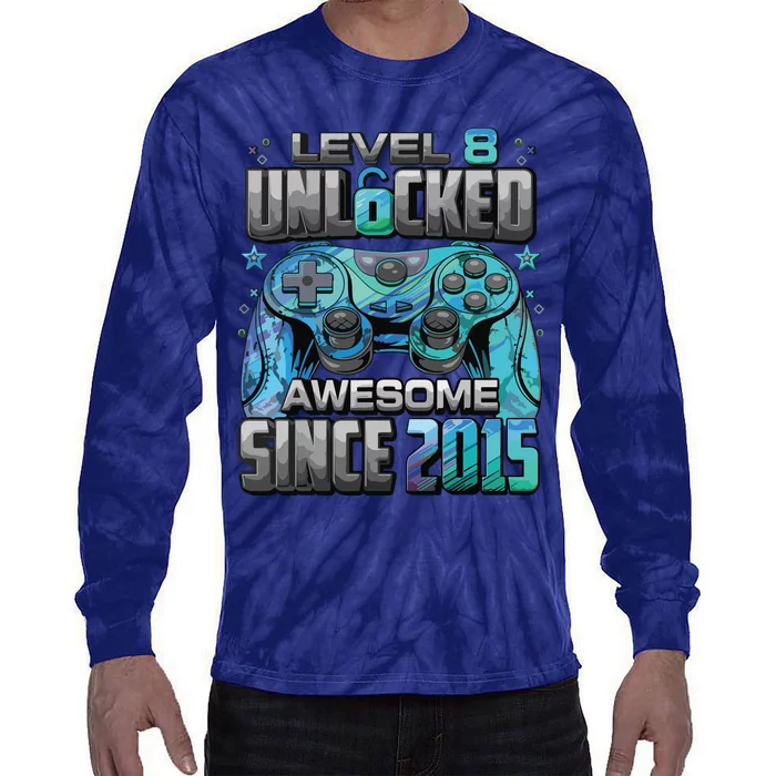 Level 8 Unlocked Awesome Since 2015 8th Birthday Gaming Tie-Dye Long Sleeve Shirt