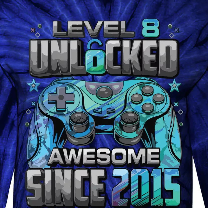 Level 8 Unlocked Awesome Since 2015 8th Birthday Gaming Tie-Dye Long Sleeve Shirt