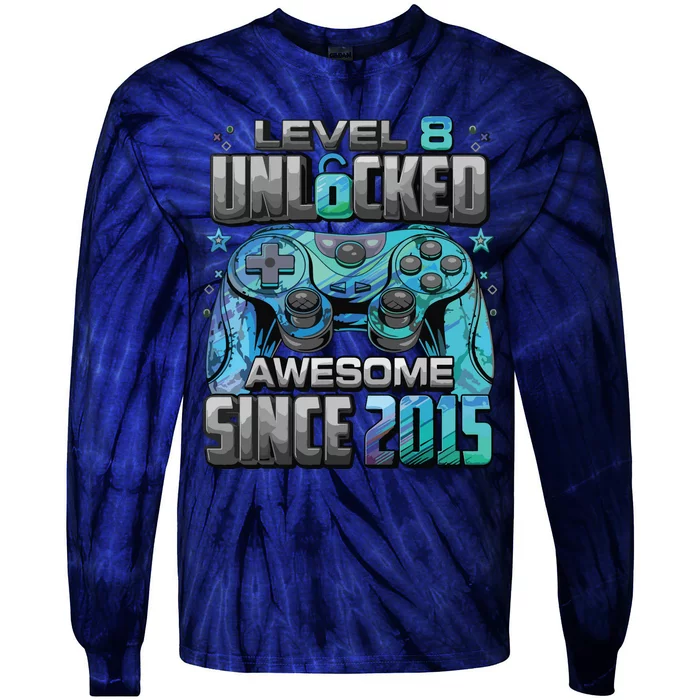 Level 8 Unlocked Awesome Since 2015 8th Birthday Gaming Tie-Dye Long Sleeve Shirt