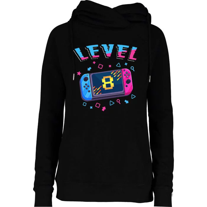 Level 8 Unlocked Gamer 8th Birthday Gift Video Game Lovers Womens Funnel Neck Pullover Hood