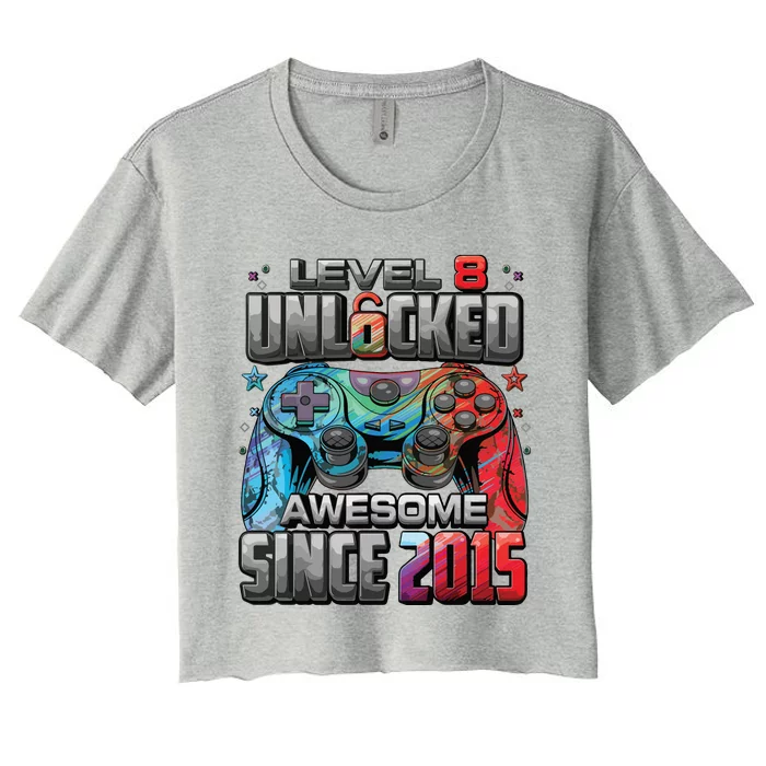 Level 8 Unlocked Awesome Since 2015 8th Birthday Gaming Women's Crop Top Tee