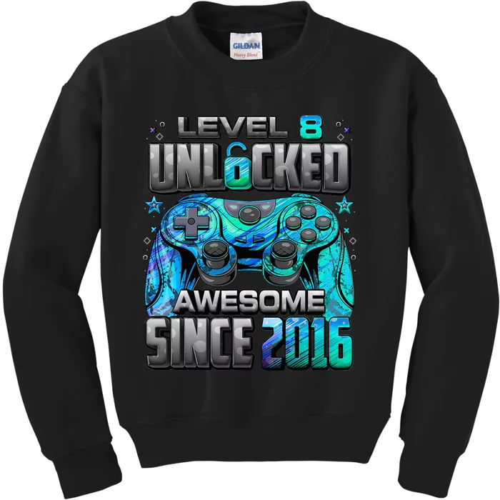 Level 8 Unlocked Awesome Since 2016 8th Birthday Kids Sweatshirt