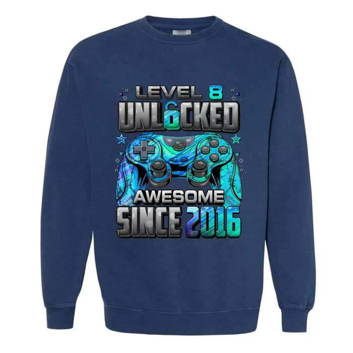 Level 8 Unlocked Awesome Since 2016 8th Birthday Garment-Dyed Sweatshirt