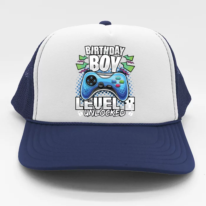 Level 8 Unlocked Video Game 8th Birthday Gamer Gift Trucker Hat