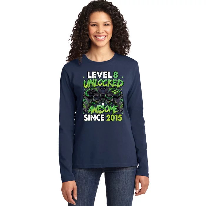 Level 8 Unlocked Awesome Since 2015 8th Birthday Gaming Ladies Long Sleeve Shirt