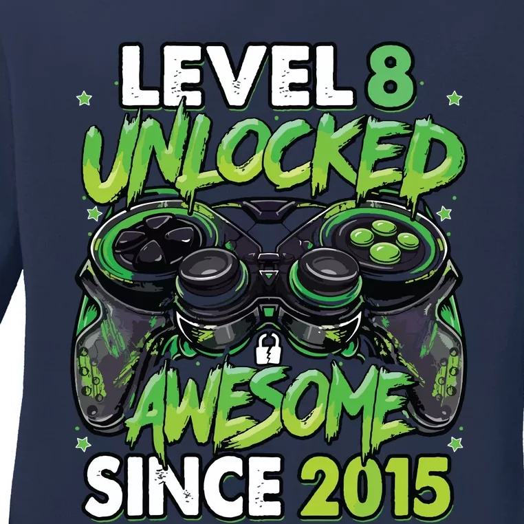 Level 8 Unlocked Awesome Since 2015 8th Birthday Gaming Ladies Long Sleeve Shirt