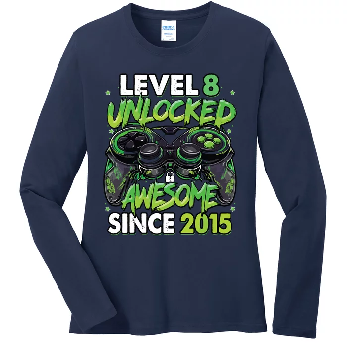 Level 8 Unlocked Awesome Since 2015 8th Birthday Gaming Ladies Long Sleeve Shirt