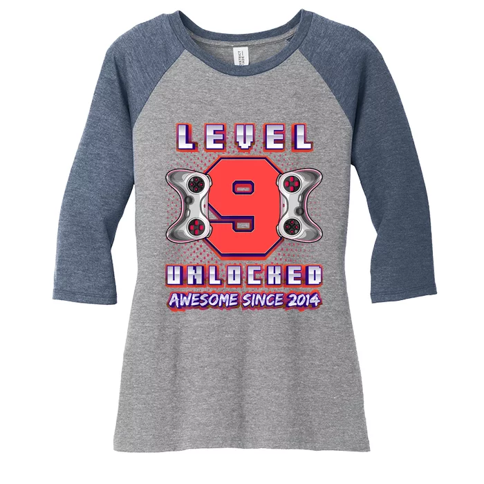 Level 9 Unlocked Awesome 2014 Video Game 9th Birthday Boy Women's Tri-Blend 3/4-Sleeve Raglan Shirt